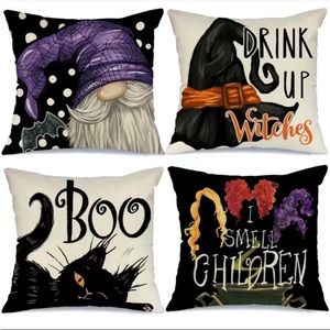 Set Of 4 Halloween Linen Blend Throw Pillow Case, Square Cushion Case, Decorativ